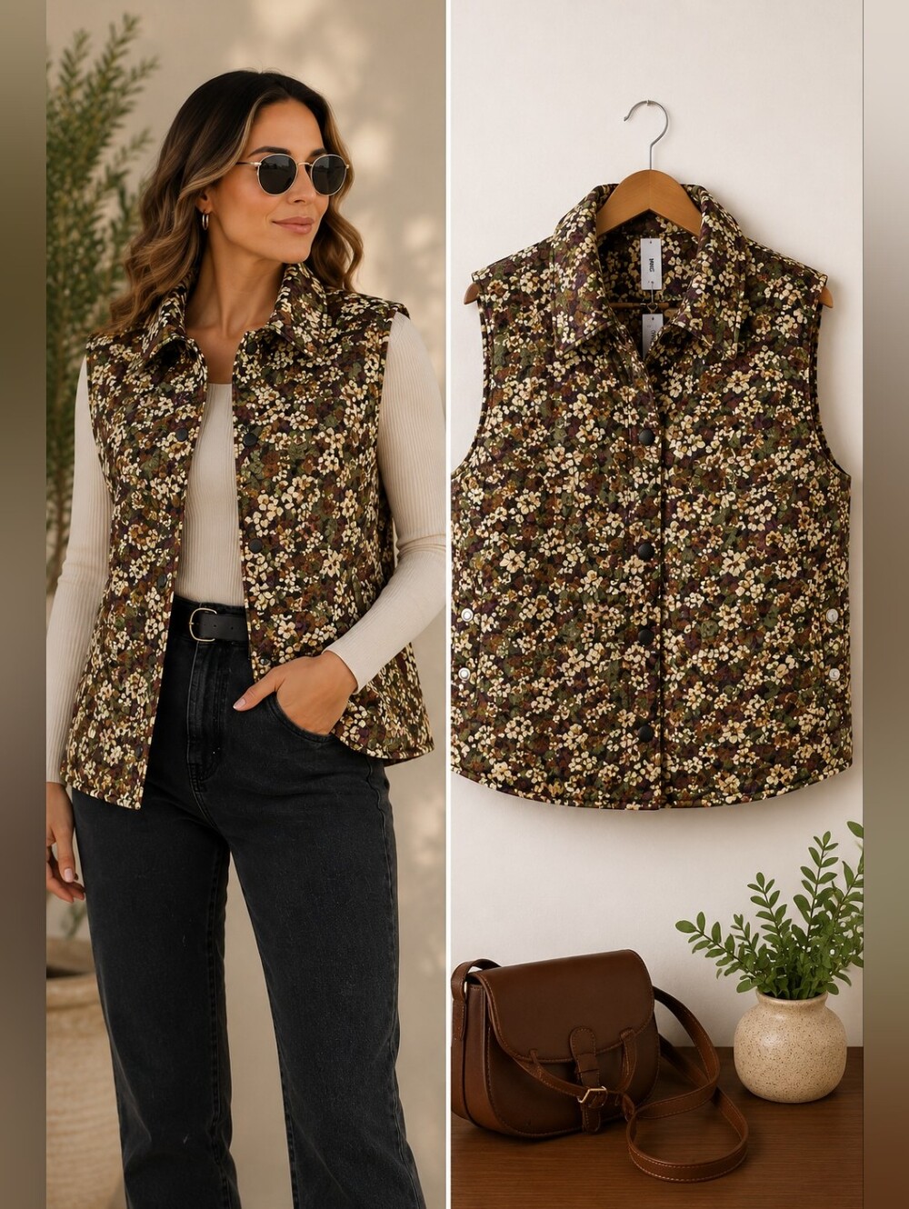 MNG Mango Quilted Floral Puffer Vest NWT Cotton Snap Front Side Snap Jacket